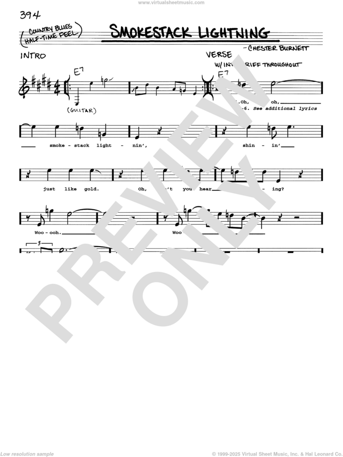 Smokestack Lightning sheet music for voice and other instruments (real book with lyrics) by Howlin' Wolf and Chester Burnett, intermediate skill level