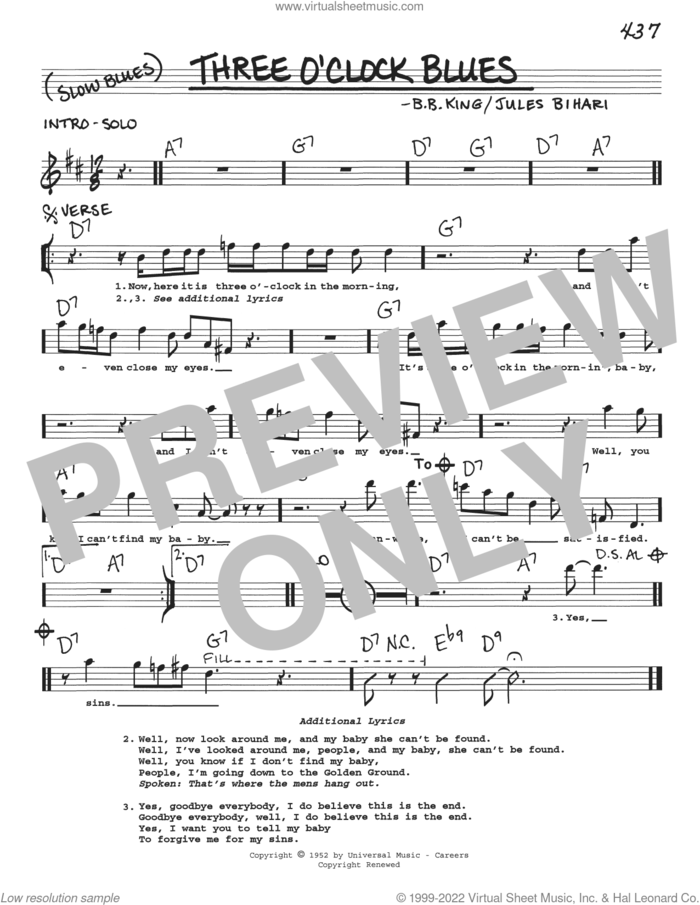 Three O'Clock Blues sheet music for voice and other instruments (real book with lyrics) by B.B. King and Jules Bihari, intermediate skill level