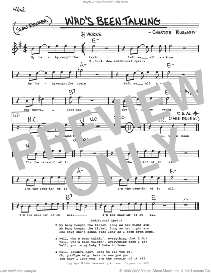 Who's Been Talking sheet music for voice and other instruments (real book with lyrics) by Howlin' Wolf and Chester Burnett, intermediate skill level
