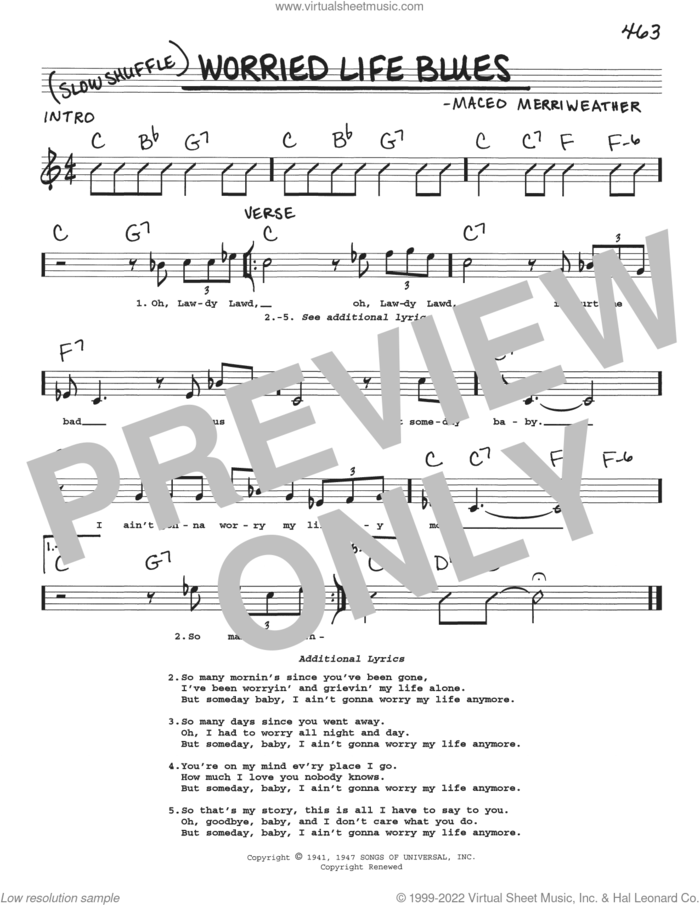 Worried Life Blues sheet music for voice and other instruments (real book with lyrics) by Maceo Merriweather, Big Bill Broonzy and Eric Clapton, intermediate skill level