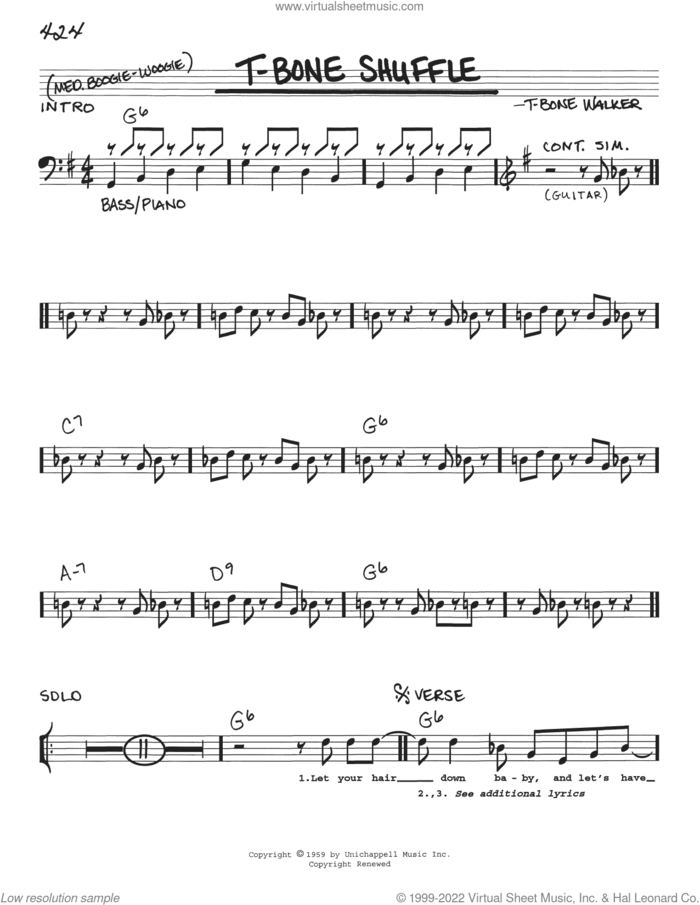 T-Bone Shuffle sheet music for voice and other instruments (real book with lyrics) by Aaron 'T-Bone' Walker, intermediate skill level