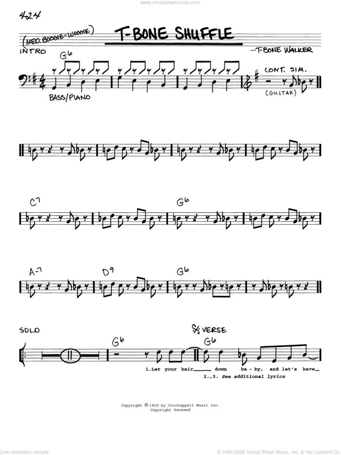 T-Bone Shuffle sheet music for voice and other instruments (real book with lyrics) by Aaron 'T-Bone' Walker, intermediate skill level