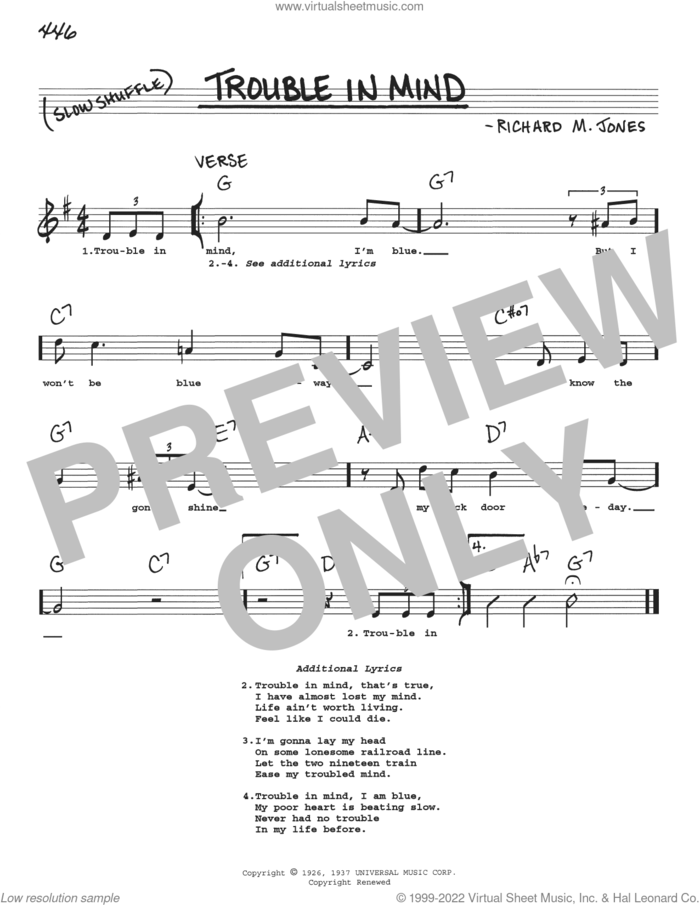 Trouble In Mind sheet music for voice and other instruments (real book with lyrics) by Richard M. Jones, Big Bill Broonzy and Eddy Arnold, intermediate skill level