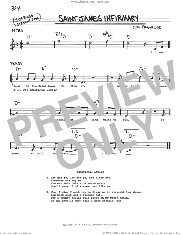 Saint James Infirmary sheet music for voice and other instruments (real book with lyrics) by Joe Primrose, intermediate skill level