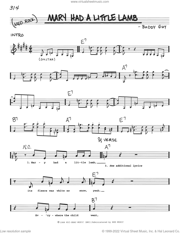 Mary Had A Little Lamb sheet music for voice and other instruments (real book with lyrics) by Stevie Ray Vaughan and Buddy Guy, intermediate skill level