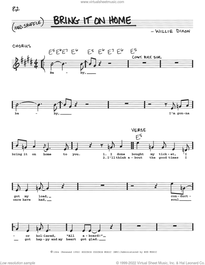 Bring It On Home sheet music for voice and other instruments (real book with lyrics) by Sonny Boy Williamson and Willie Dixon, intermediate skill level