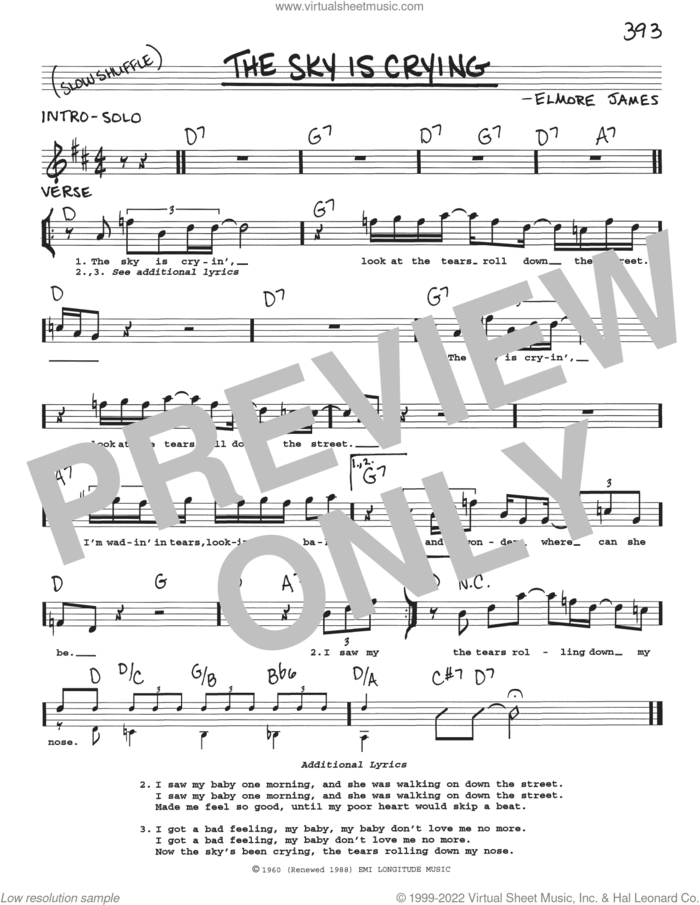 The Sky Is Crying sheet music for voice and other instruments (real book with lyrics) by Elmore James, Eric Clapton and Stevie Ray Vaughan, intermediate skill level