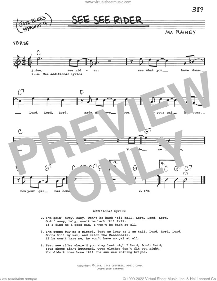 See See Rider sheet music for voice and other instruments (real book with lyrics) by Ma Rainey, intermediate skill level