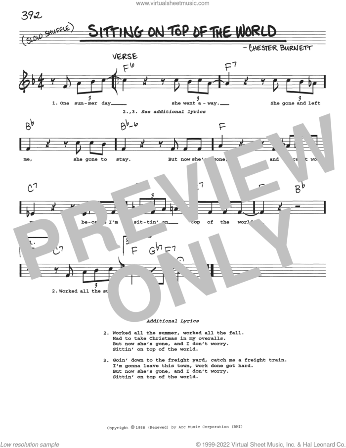 Sitting On Top Of The World sheet music for voice and other instruments (real book with lyrics) by Howlin' Wolf and Chester Burnett, intermediate skill level