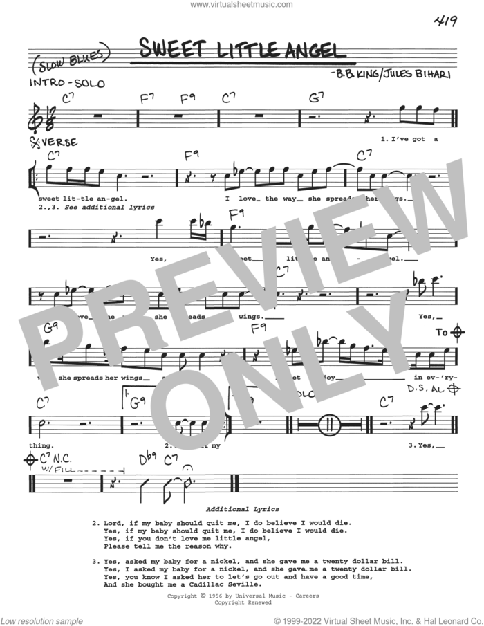 Sweet Little Angel sheet music for voice and other instruments (real book with lyrics) by B.B. King and Jules Bihari, intermediate skill level