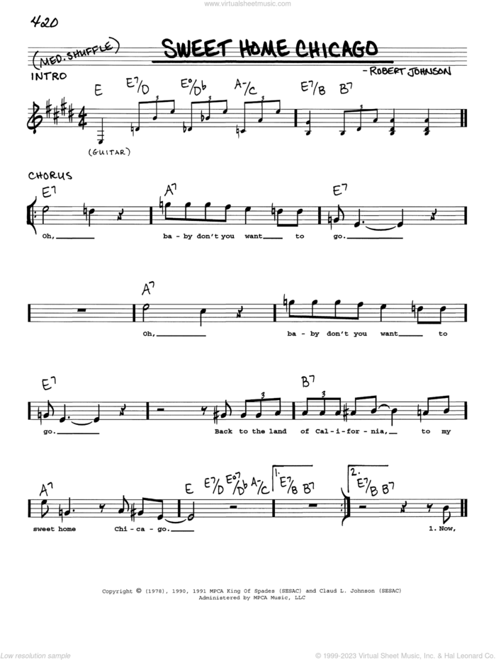 Sweet Home Chicago sheet music for voice and other instruments (real book with lyrics) by Robert Johnson and The Blues Brothers, intermediate skill level