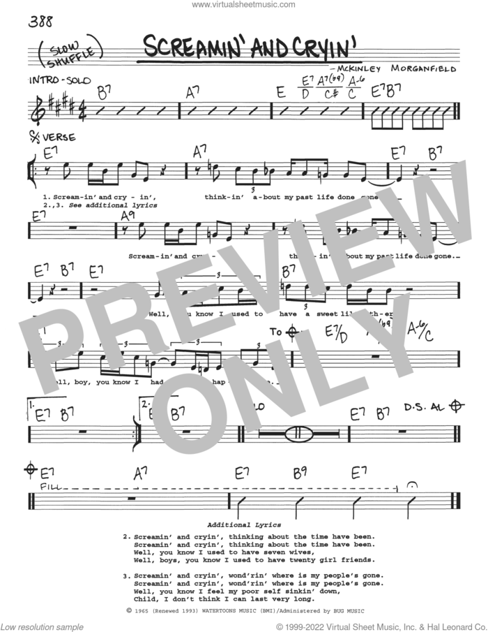 Screamin' And Cryin' sheet music for voice and other instruments (real book with lyrics) by Muddy Waters, intermediate skill level