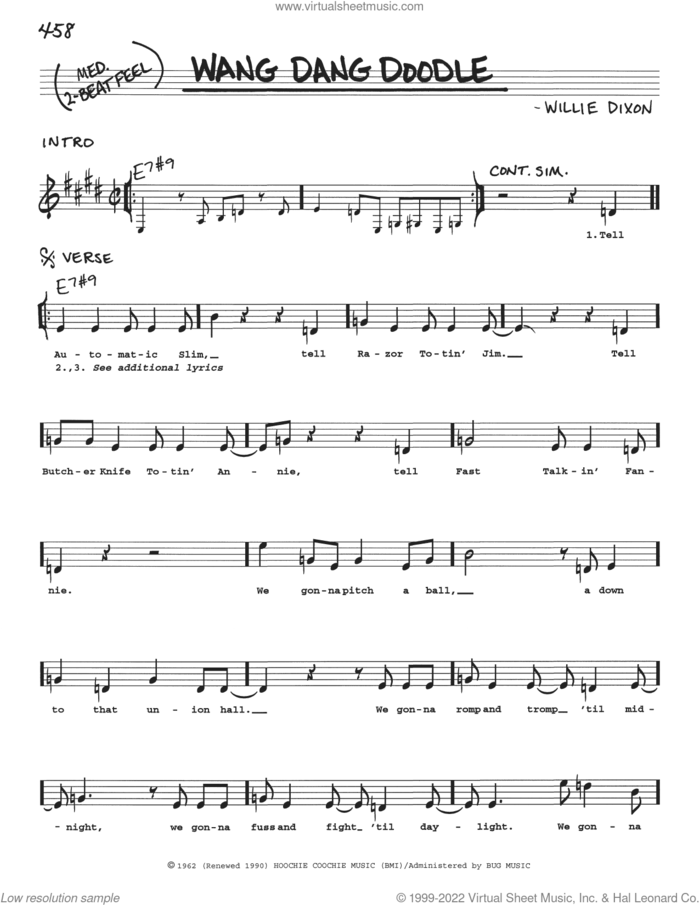Wang Dang Doodle sheet music for voice and other instruments (real book with lyrics) by Willie Dixon, Ko Ko Taylor and The Pointer Sisters, intermediate skill level