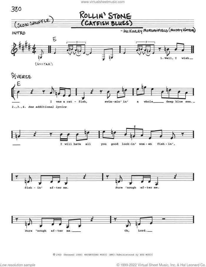 Rollin' Stone (Catfish Blues) sheet music for voice and other instruments (real book with lyrics) by Muddy Waters and McKinley Morganfield, intermediate skill level