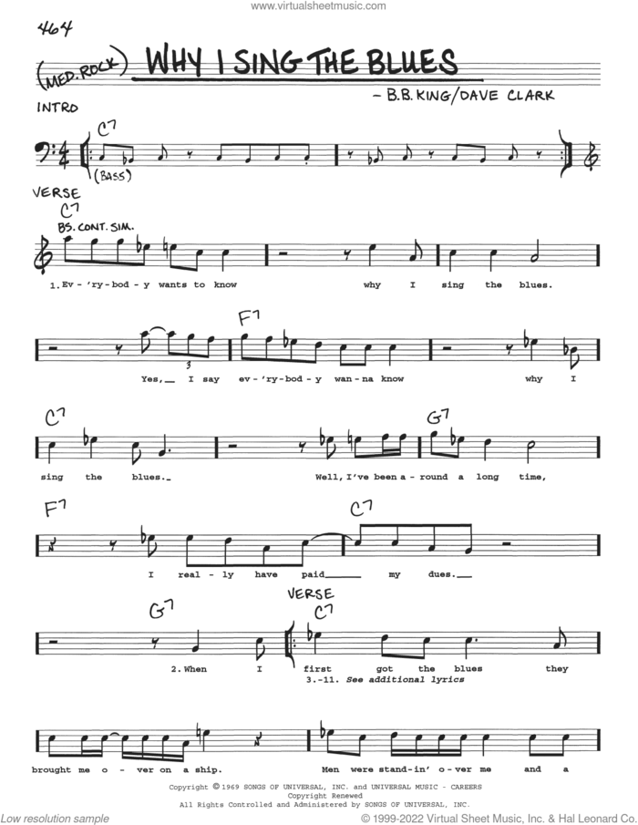 Why I Sing The Blues sheet music for voice and other instruments (real book with lyrics) by B.B. King and Dave Clark, intermediate skill level