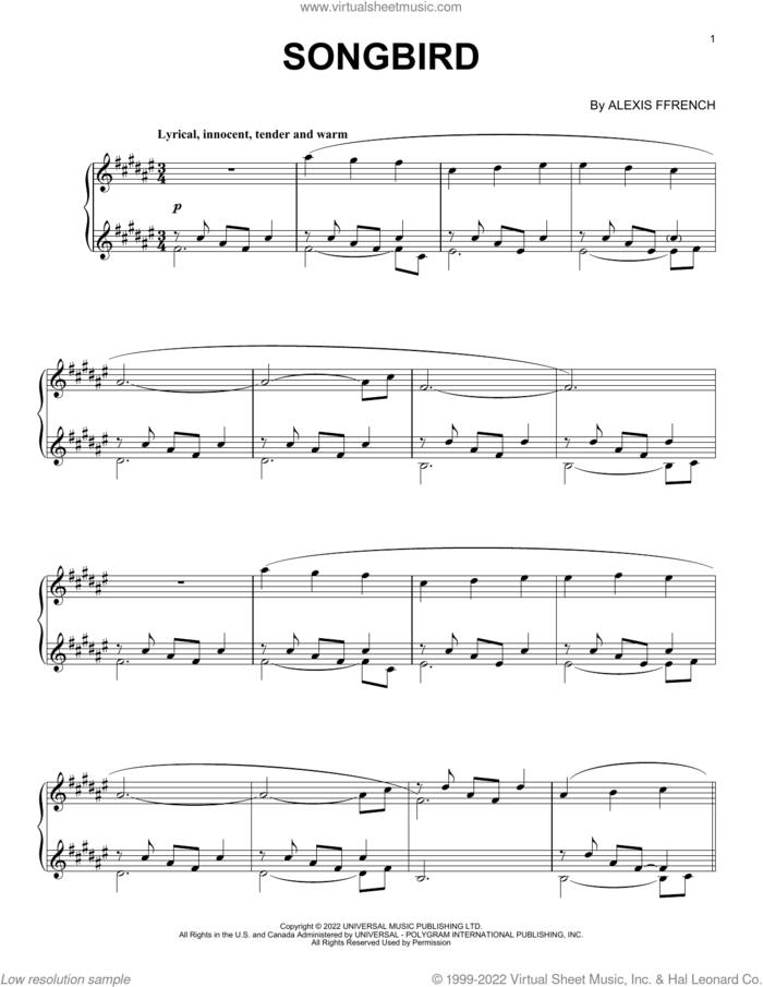 Songbird sheet music for piano solo by Alexis Ffrench, intermediate skill level