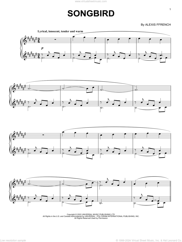 Songbird sheet music for piano solo by Alexis Ffrench, intermediate skill level