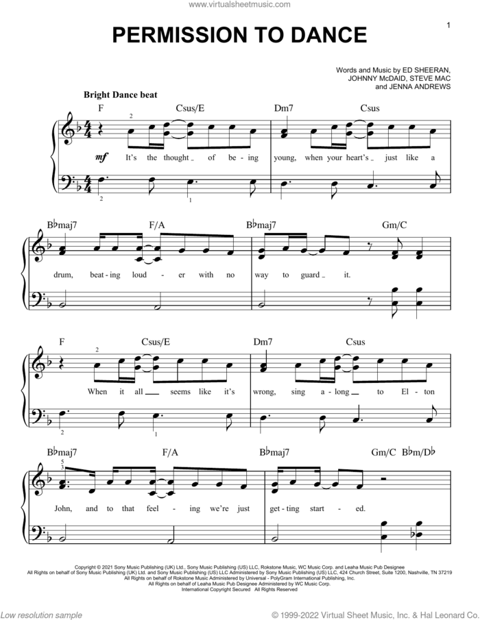 Permission To Dance sheet music for piano solo by BTS, Ed Sheeran, Jenna Andrews, Johnny McDaid and Steve Mac, easy skill level