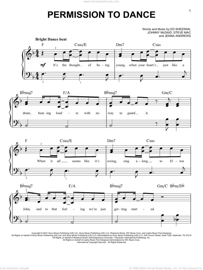 Permission To Dance sheet music for piano solo by BTS, Ed Sheeran, Jenna Andrews, Johnny McDaid and Steve Mac, easy skill level