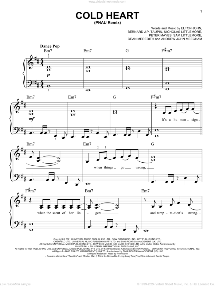 Cold Heart (PNAU Remix), (easy) sheet music for piano solo by Elton John & Dua Lipa, Andrew John Meecham, Bernie Taupin, Dean Meredith, Elton John, Nicholas Littlemore, Peter Mayes and Sam Littlemore, easy skill level