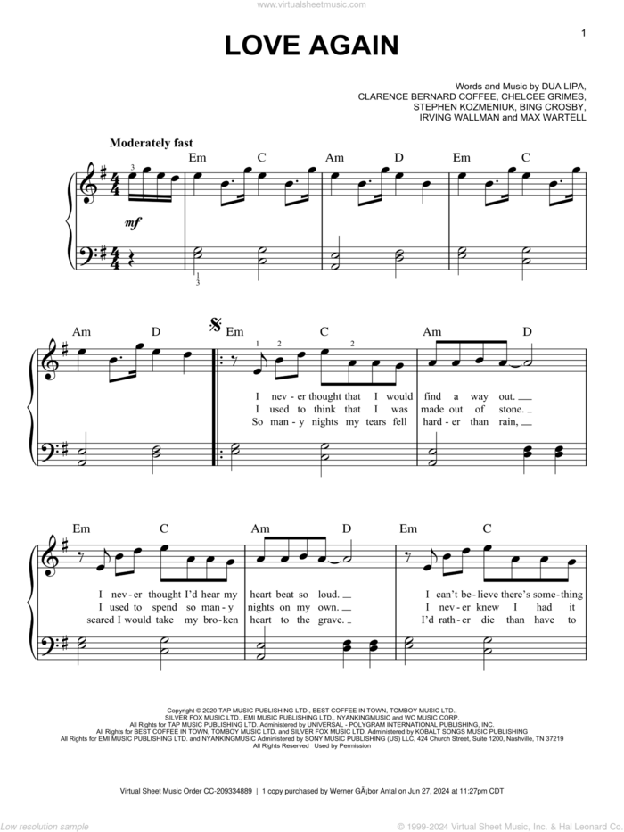 Love Again sheet music for piano solo by Dua Lipa, Bing Crosby, Chelcee Grimes, Clarence Bernard Coffee, Harry Crosby, Irving Wallman, Max Wartell and Stephen Kozmeniuk, easy skill level