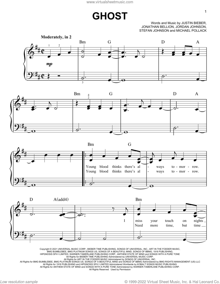 Ghost sheet music for piano solo by Justin Bieber, Jonathan Bellion, Jordan Johnson, Michael Pollack and Stefan Johnson, easy skill level