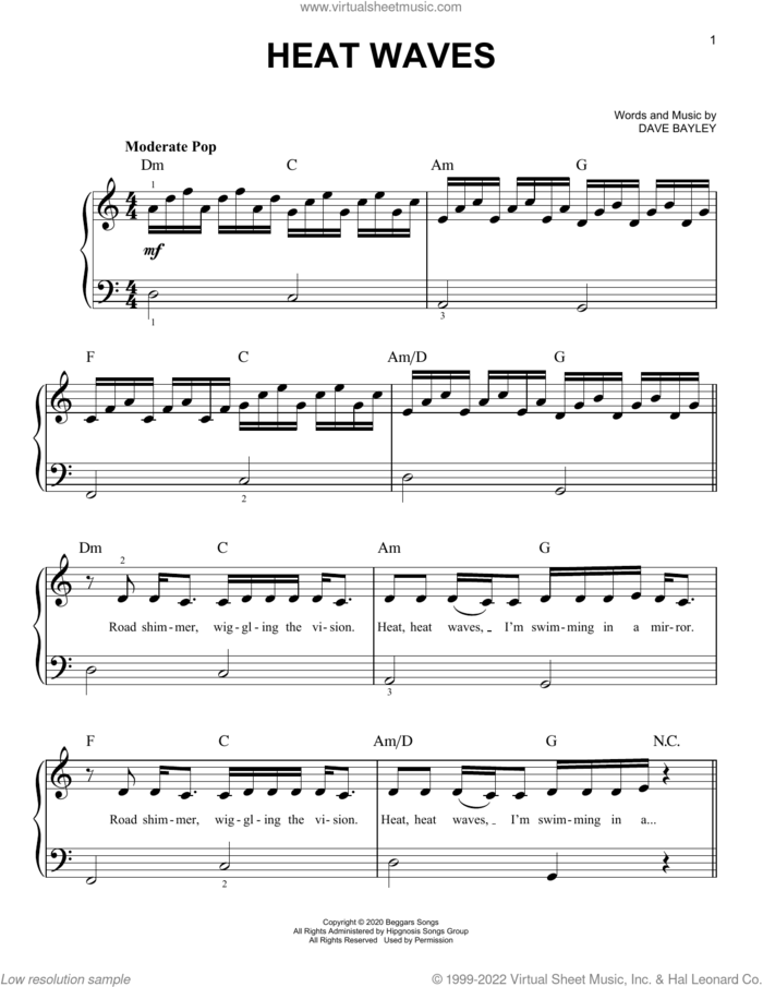 Heat Waves sheet music for piano solo by Glass Animals and Dave Bayley, easy skill level
