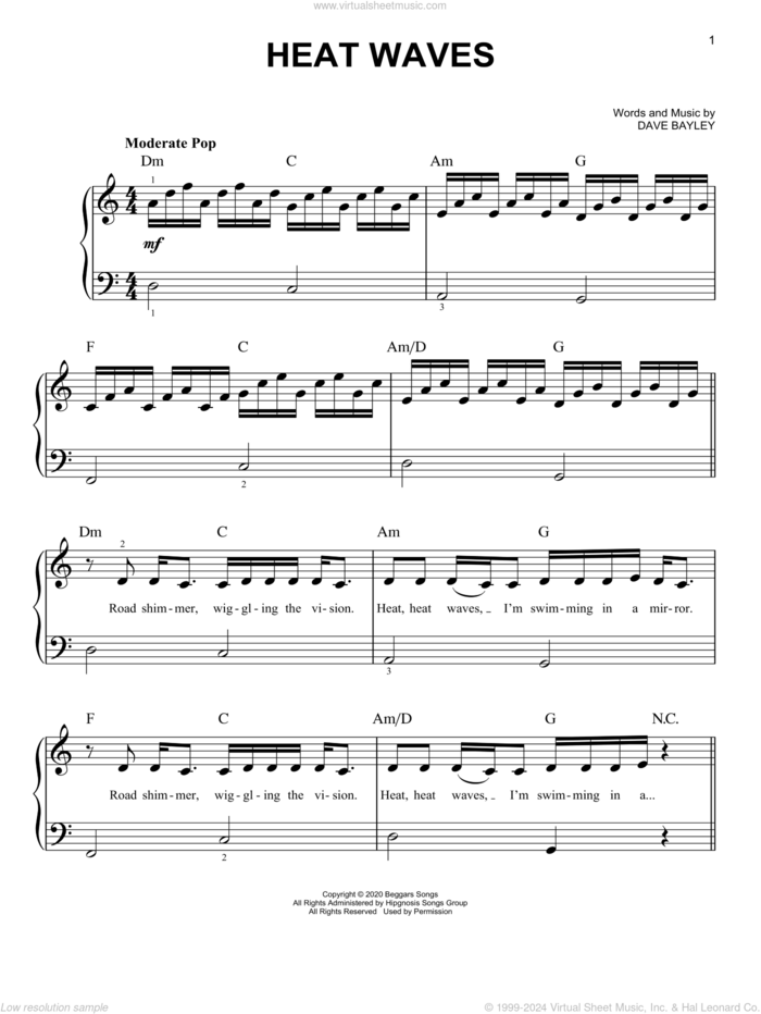 Heat Waves sheet music for piano solo by Glass Animals and Dave Bayley, easy skill level