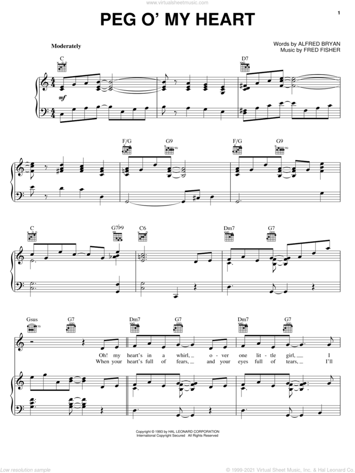 Peg O' My Heart sheet music for voice, piano or guitar by Fred Fisher and Alfred Bryan, intermediate skill level