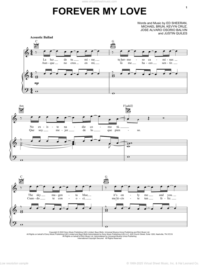 Forever My Love sheet music for voice, piano or guitar by Ed Sheeran & J Balvin, Ed Sheeran, Jose Alvaro Osorio Balvin, Justin Quiles, Kevyn Cruz and Michael Brun, intermediate skill level