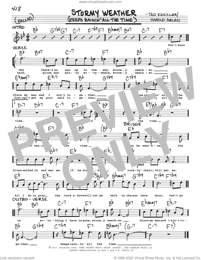Stormy Weather (Keeps Rainin' All The Time) sheet music for voice and other instruments (real book with lyrics) by Harold Arlen and Ted Koehler, intermediate skill level