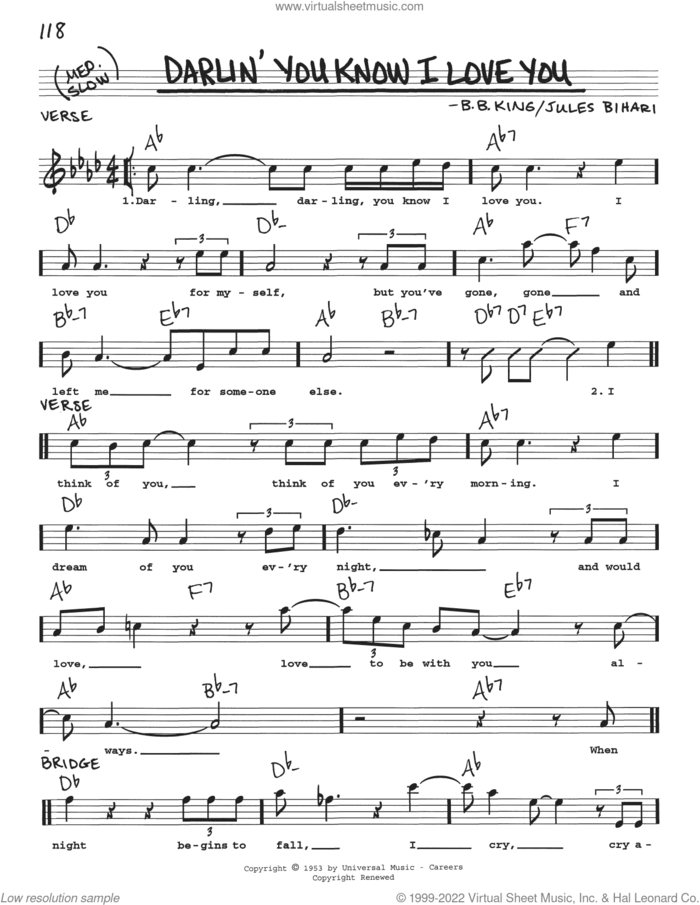 Darlin' You Know I Love You sheet music for voice and other instruments (real book with lyrics) by B.B. King and Jules Bihari, intermediate skill level