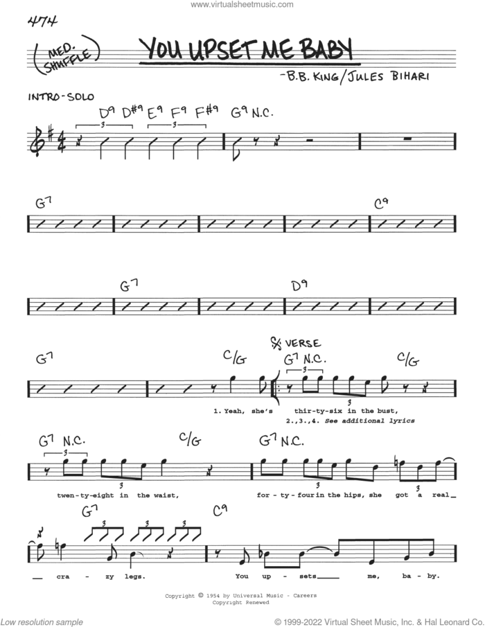 You Upset Me Baby sheet music for voice and other instruments (real book with lyrics) by B.B. King and Jules Bihari, intermediate skill level
