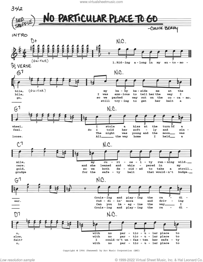 No Particular Place To Go sheet music for voice and other instruments (real book with lyrics) by Chuck Berry, intermediate skill level