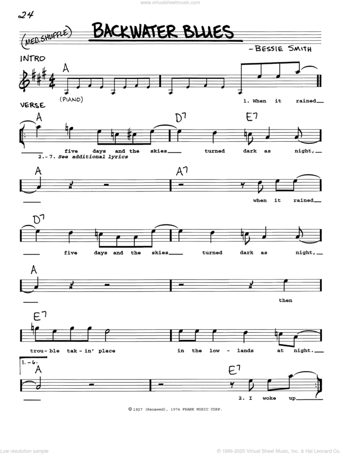 Backwater Blues sheet music for voice and other instruments (real book with lyrics) by Bessie Smith, intermediate skill level