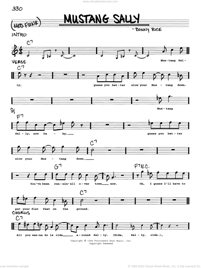 Mustang Sally sheet music for voice and other instruments (real book with lyrics) by Wilson Pickett, Buddy Guy and Bonny Rice, intermediate skill level