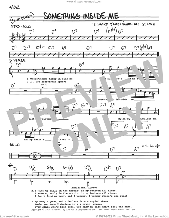 Something Inside Me sheet music for voice and other instruments (real book with lyrics) by Elmore James and Marshall Sehorn, intermediate skill level