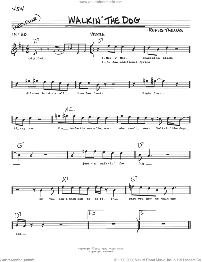 Walkin' The Dog sheet music for voice and other instruments (real book with lyrics) by Rufus Thomas, intermediate skill level