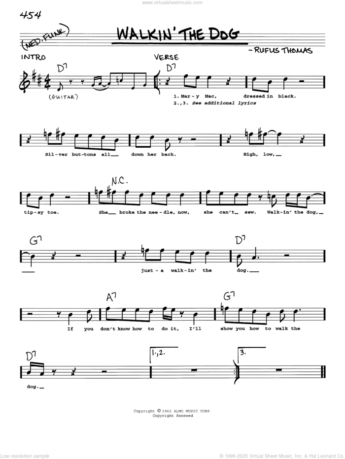 Walkin' The Dog sheet music for voice and other instruments (real book with lyrics) by Rufus Thomas, intermediate skill level