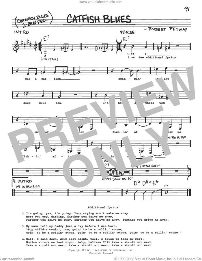 Catfish Blues sheet music for voice and other instruments (real book with lyrics) by Robert Petway and Jimi Hendrix, intermediate skill level