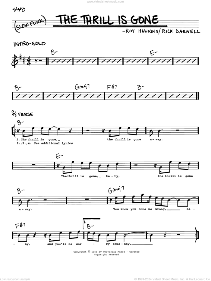 The Thrill Is Gone sheet music for voice and other instruments (real book with lyrics) by B.B. King, Rick Darnell and Roy Hawkins, intermediate skill level