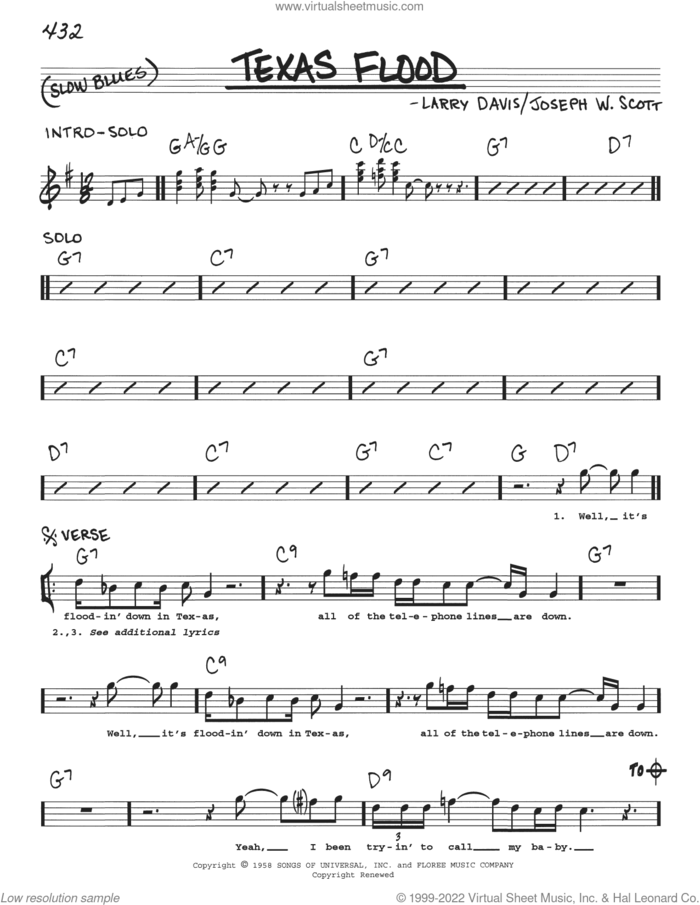 Texas Flood sheet music for voice and other instruments (real book with lyrics) by Stevie Ray Vaughan, Josey Scott and Larry Davis, intermediate skill level