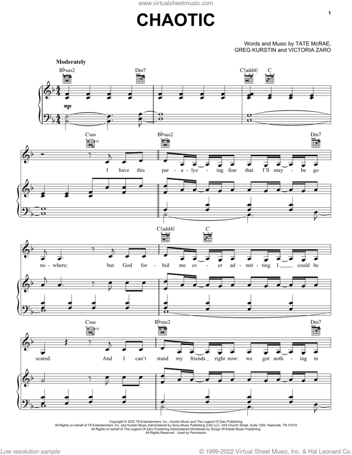 Chaotic sheet music for voice, piano or guitar by Tate McRae, Greg Kurstin and Victoria Zaro, intermediate skill level