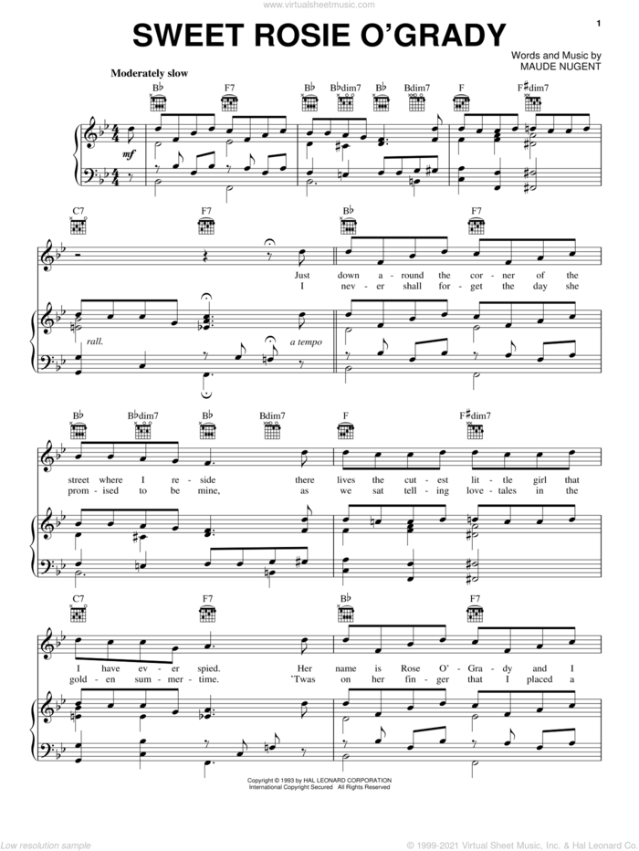 Sweet Rosie O'Grady sheet music for voice, piano or guitar by Maude Nugent, intermediate skill level