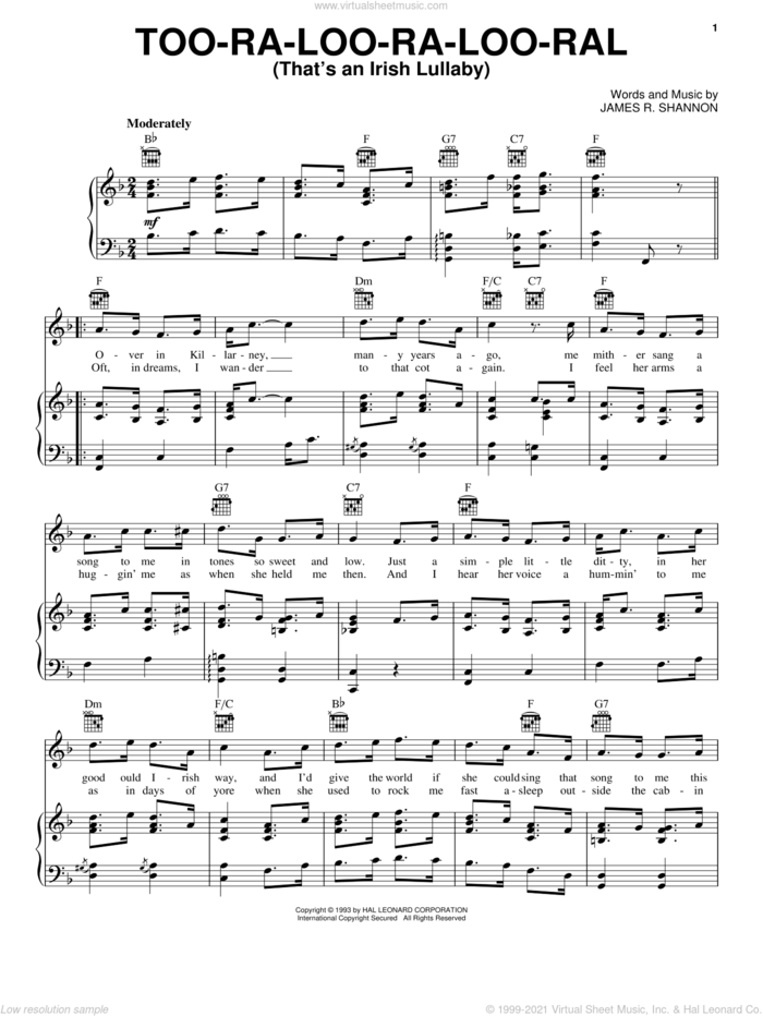 Too-Ra-Loo-Ra-Loo-Ral (That's An Irish Lullaby) sheet music for voice, piano or guitar by James R. Shannon, intermediate skill level