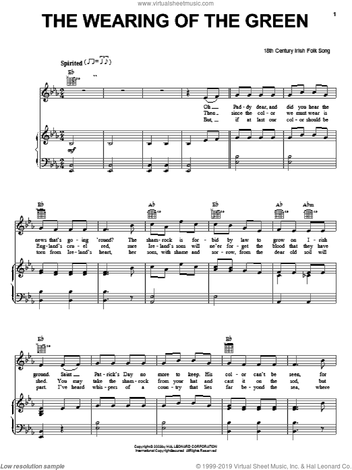 The Wearing Of The Green sheet music for voice, piano or guitar, intermediate skill level