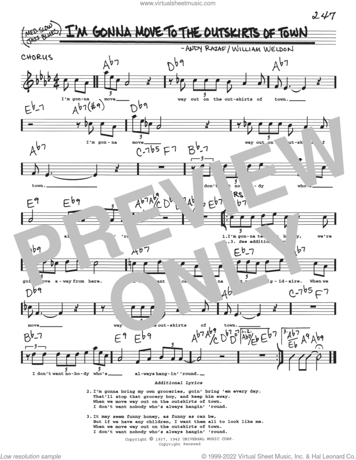 I'm Gonna Move To The Outskirts Of Town sheet music for voice and other instruments (real book with lyrics) by Andy Razaf and William Weldon, intermediate skill level