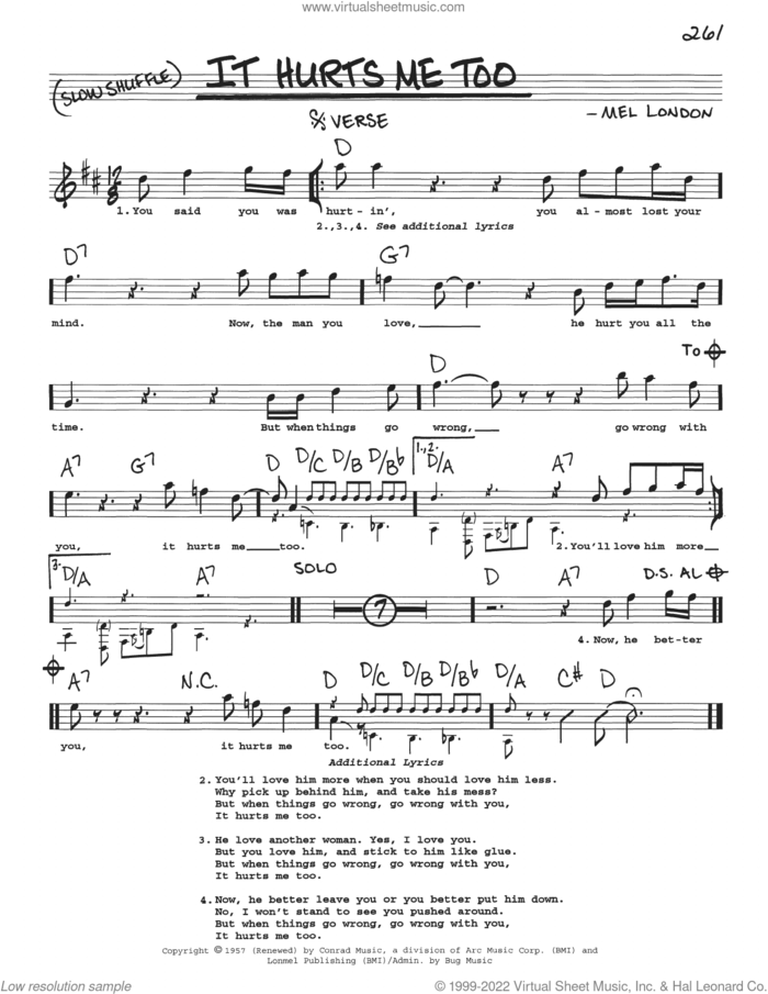 It Hurts Me Too sheet music for voice and other instruments (real book with lyrics) by Mel London, Elmore James, Elvis Presley and Eric Clapton, intermediate skill level