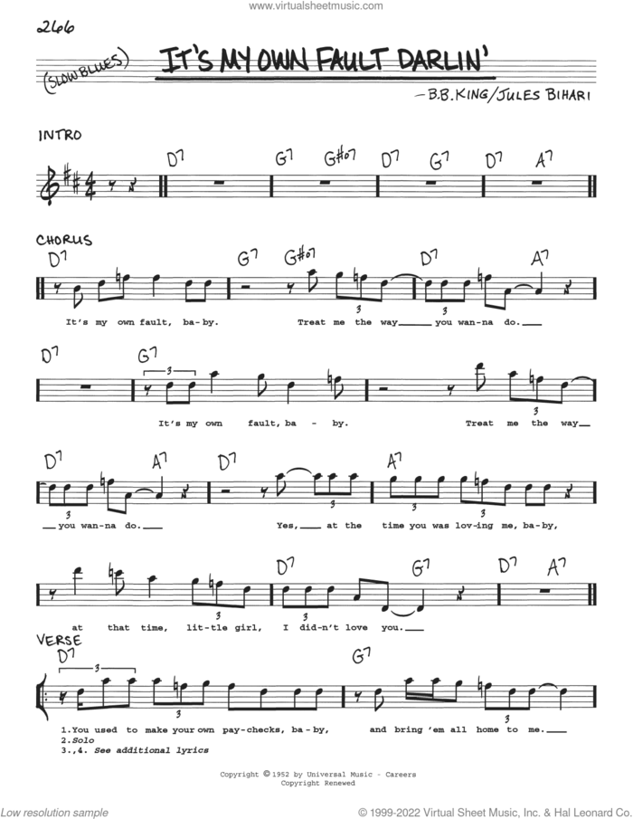 It's My Own Fault Darlin' sheet music for voice and other instruments (real book with lyrics) by B.B. King and Jules Bihari, intermediate skill level