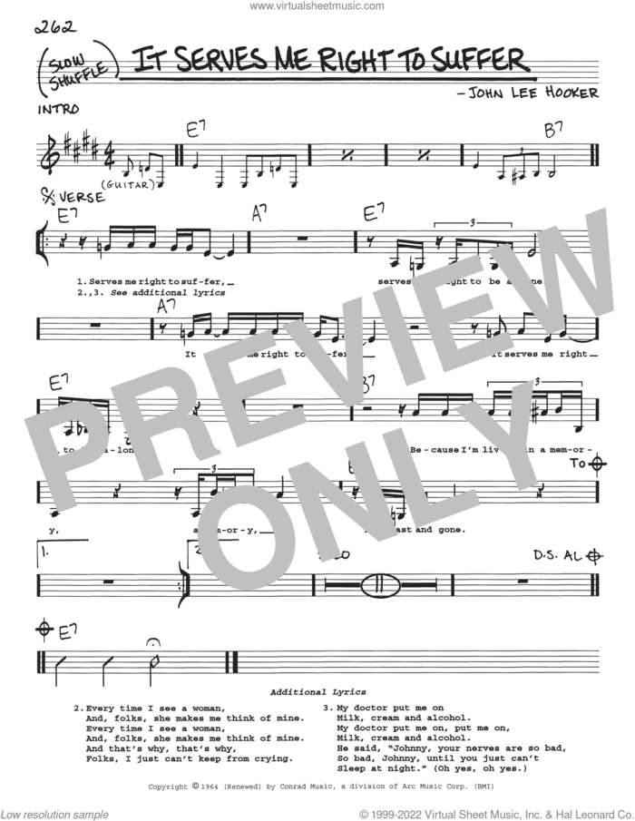 It Serves Me Right To Suffer sheet music for voice and other instruments (real book with lyrics) by John Lee Hooker, intermediate skill level